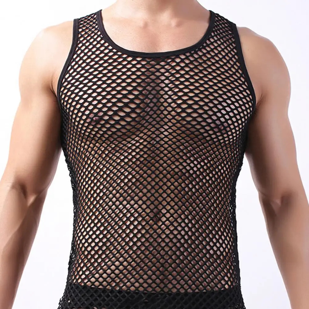 Fishnet Men Sexy Mesh Tank Tops Transparent Sleep Tops Male Underwear Pure Color Vest Sleeveless Tops Underwear Male Undershirt 250415