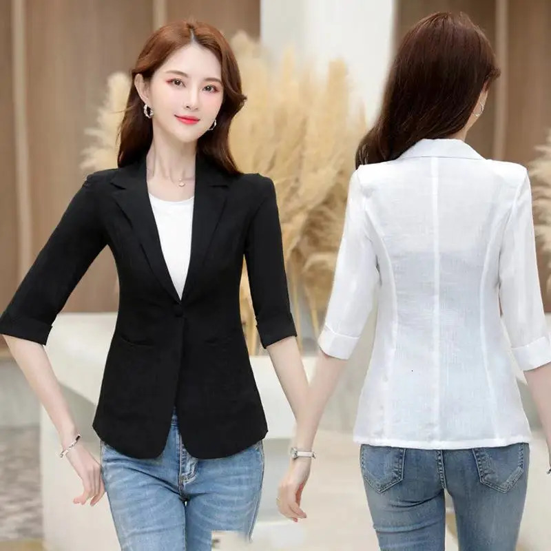 Women Cotton Linen Blazer Summer Short Suit Jacket Korean Casual Summer Sun Protection Clothing Large Size 5XL Thin Top 250415
