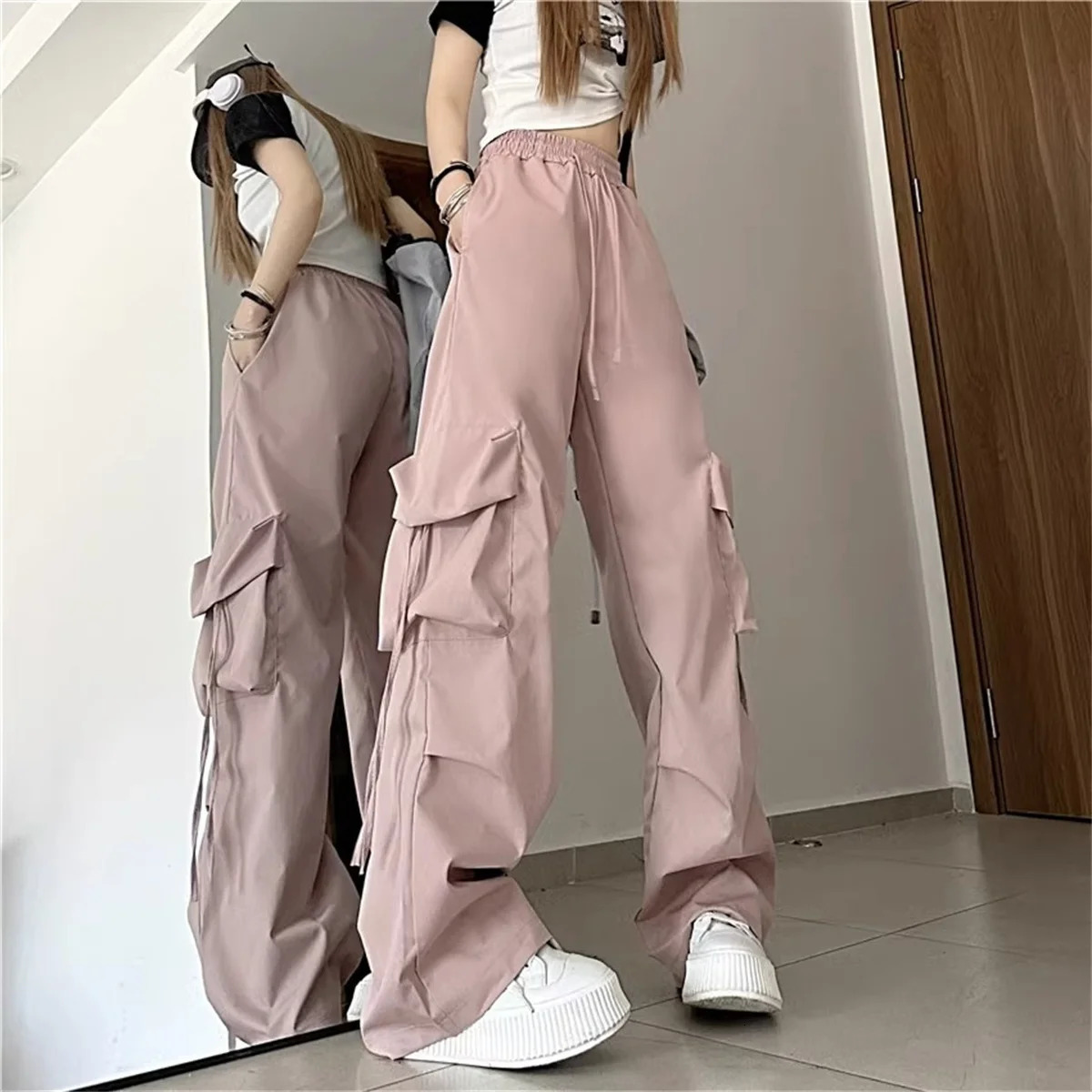 Womens high waisted cargo pants fashion pockets American retro solid mens spring and autumn hiphop clothing Y2K street 250414