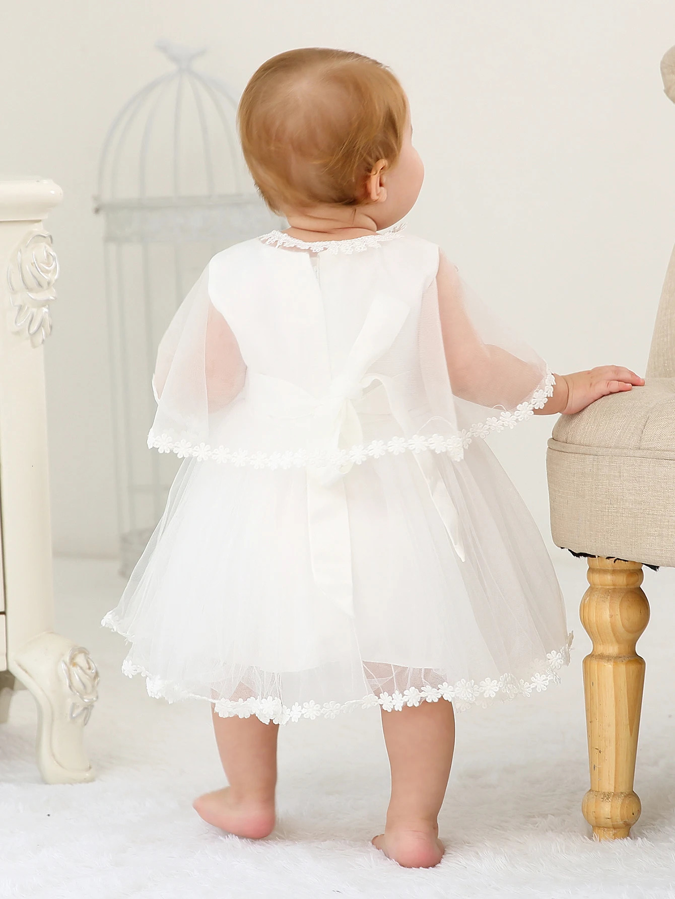 Sleeveless Hood Cloak Soft Satin Floral Embroidered Lace Wedding Party Princess Baby Dress Set 250415