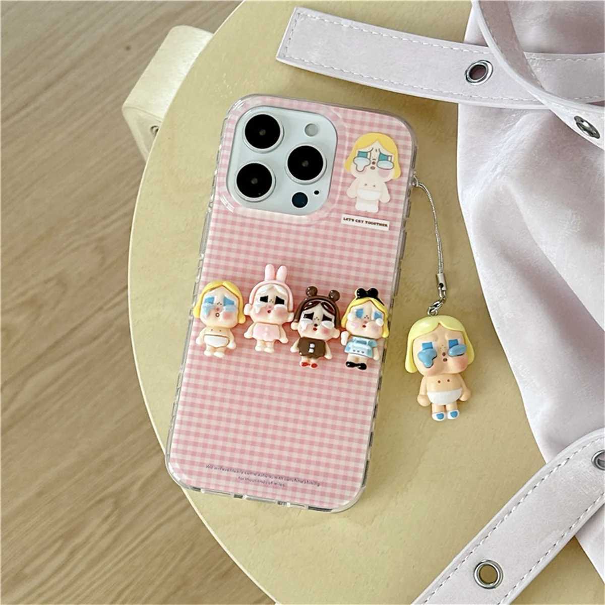 Korean Pink Plaid Pattern Cute Phone Case For iPhone 16 Pro 14 15 Pro Max Cover with Pendant Kawaii Protective Cases J251202