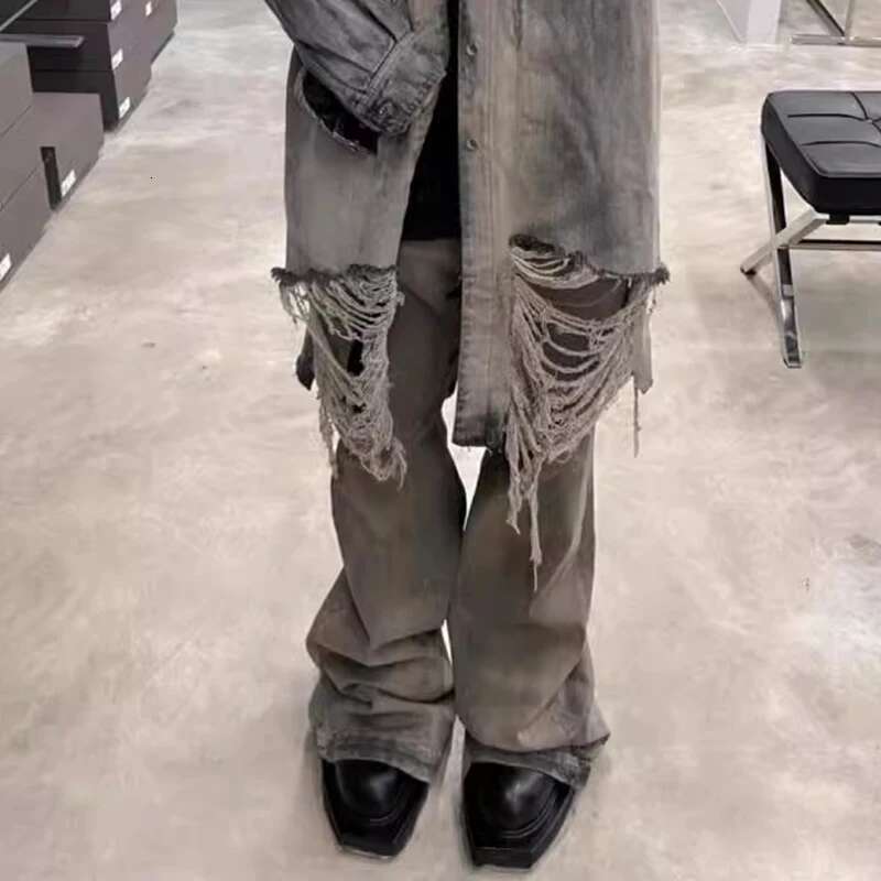 Wrinkled Design Vintage Male Jeans High Street Full Length Washed Wide Leg Pants Trendy Boot Cut Men's Trousers New 28W4545