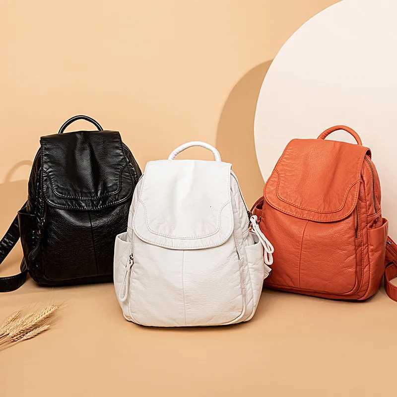 Motaora Womens Backpack White Washed Leather Backpack Female Small School Bags For Teenage Girls All-match Casual Travel BagW251114