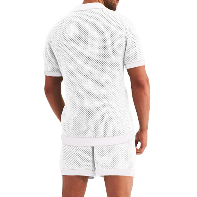 2025 New Short sleeved Shorts Men with Hole Fabric Casual Collar Thin Style Set for Men's Summer