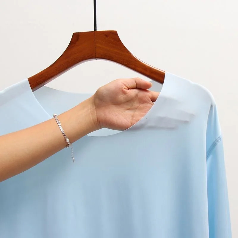Large mens underwear seamless thin ice silk solid color transparent Tshirt long sleeved summer top 250407