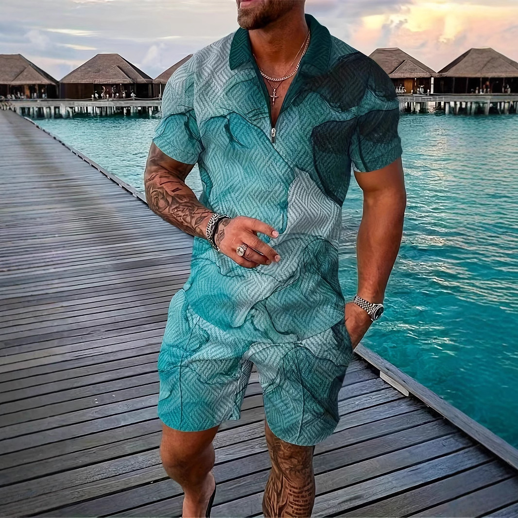 Summer mens 3D printed polo shirt set with collar short sleeved pullover mens T-shirt+two-piece set