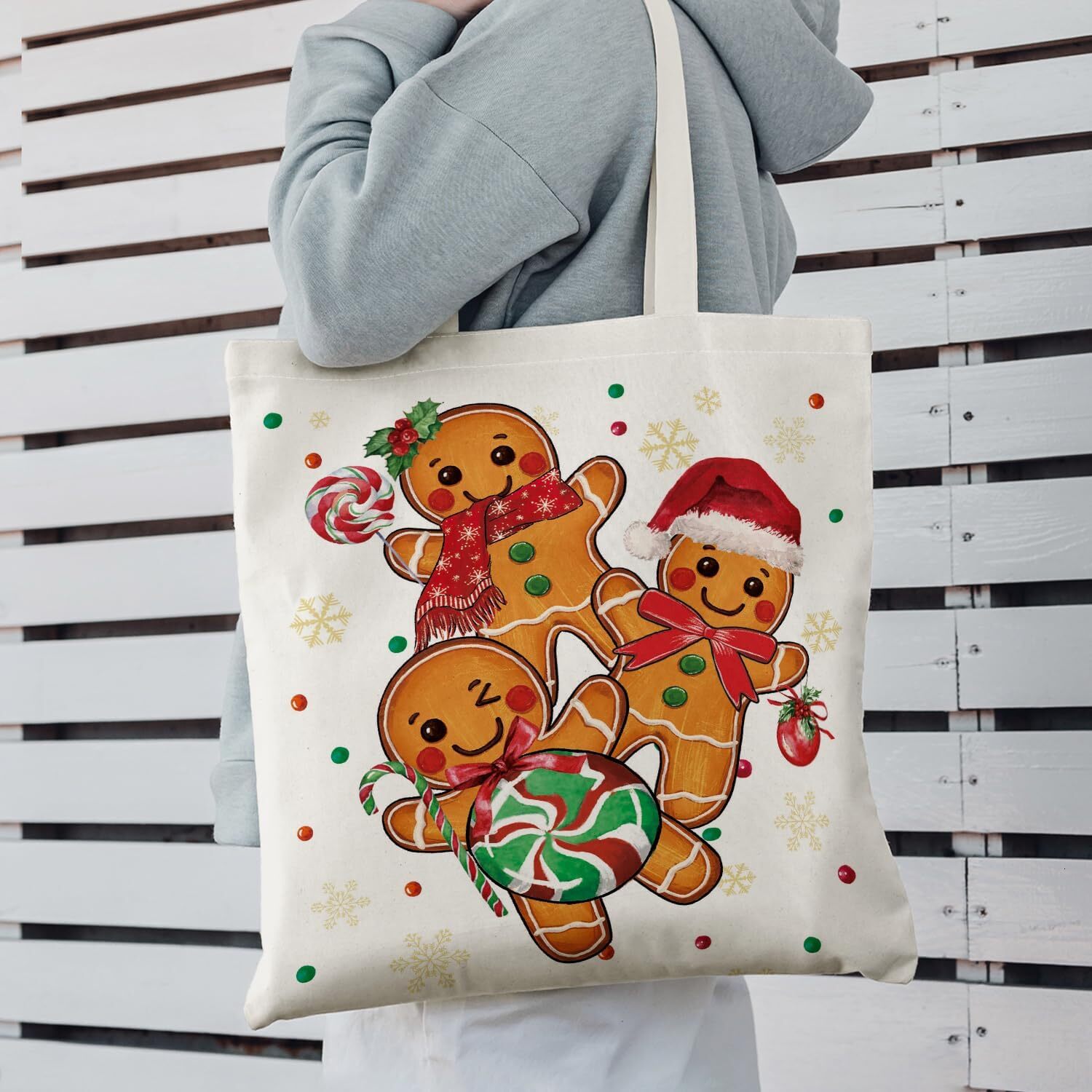Christmas Canvas Bag, Christmas Winter Gingerbread Man Reusable Shoulder Tote Bag for Women Lady Casual Vacation, Shopping, Work, Gym ddmybear