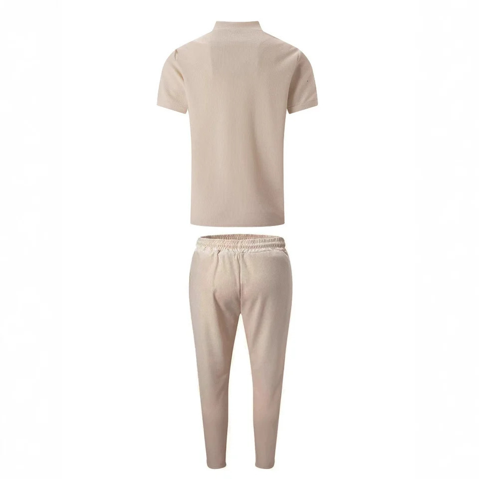 Mens Spring Style Young and Fashionable Stand up Collar Solid Color Zipper Short SleeveCasual Pants Two Piece Set 250414