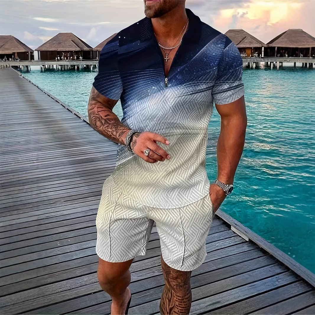 Summer mens 3D printed polo shirt set with collar short sleeved pullover mens T-shirt+two-piece set