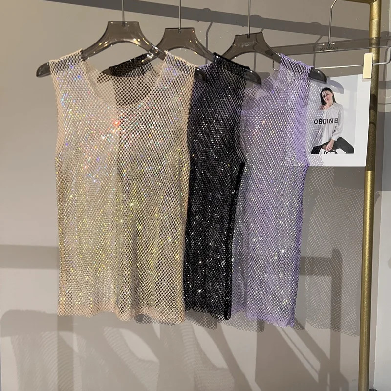 Women Men Crystal Rhinestones Shiny Sexy Y2K Tank Tops High Quality Party Club Sexy See Through Mesh Hollow Out Diamond shirt 250415