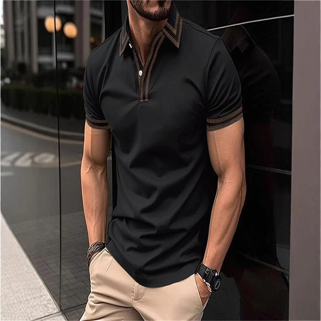 Mens POLO summer daily casual tactical training patchwork lapel line solid color short sleeved t-shirt