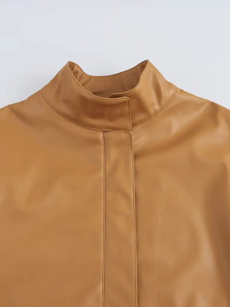 European and American spring loose casual stand up collar long sleeved zipper leather hat jacket 250410