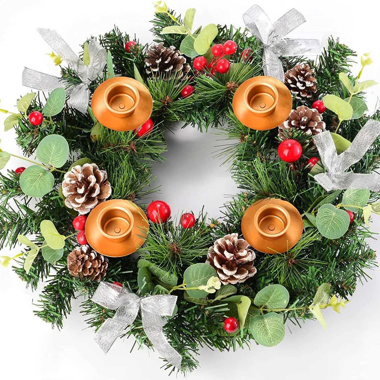 Ribbon Christmas Wreath Window Door Hanging Christmas Candle Holder Garland Candle Cup Christmas Rattan DecorationM251115