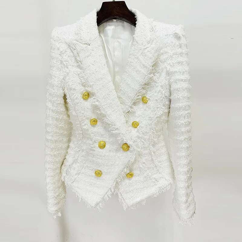 JAMERARY Double Breasted White Jackets Coats Women Tweed Sets Golden Button Tassels Blazer Wide Leg Short Pants Suits