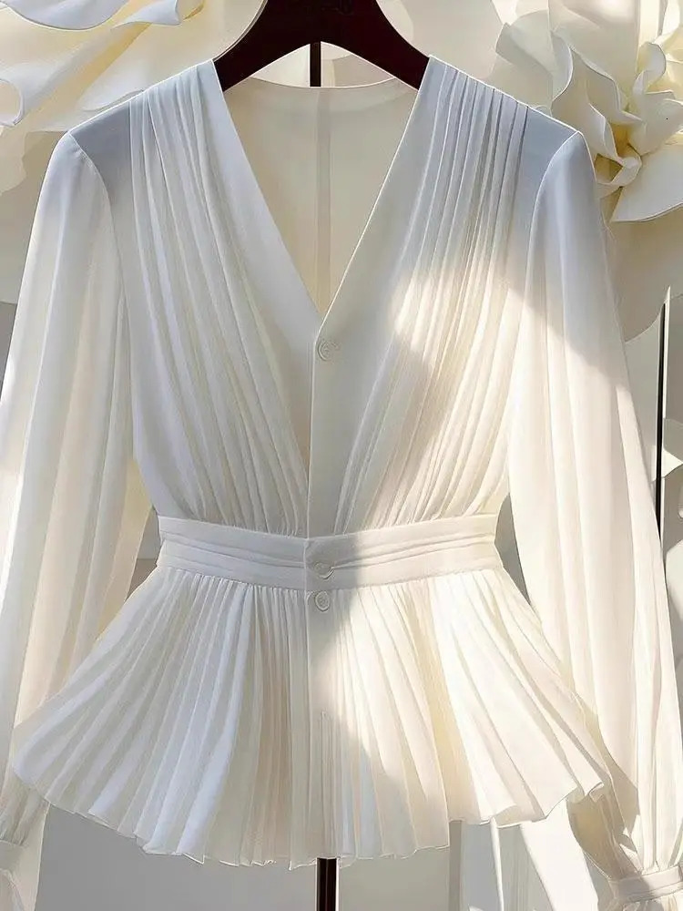 Youth Elegant Pleated White Long Sleeve Button Up Shirt Women V Neck Ruffle Tunic Basic Blouse Chiffon Lady Office Casual 250415