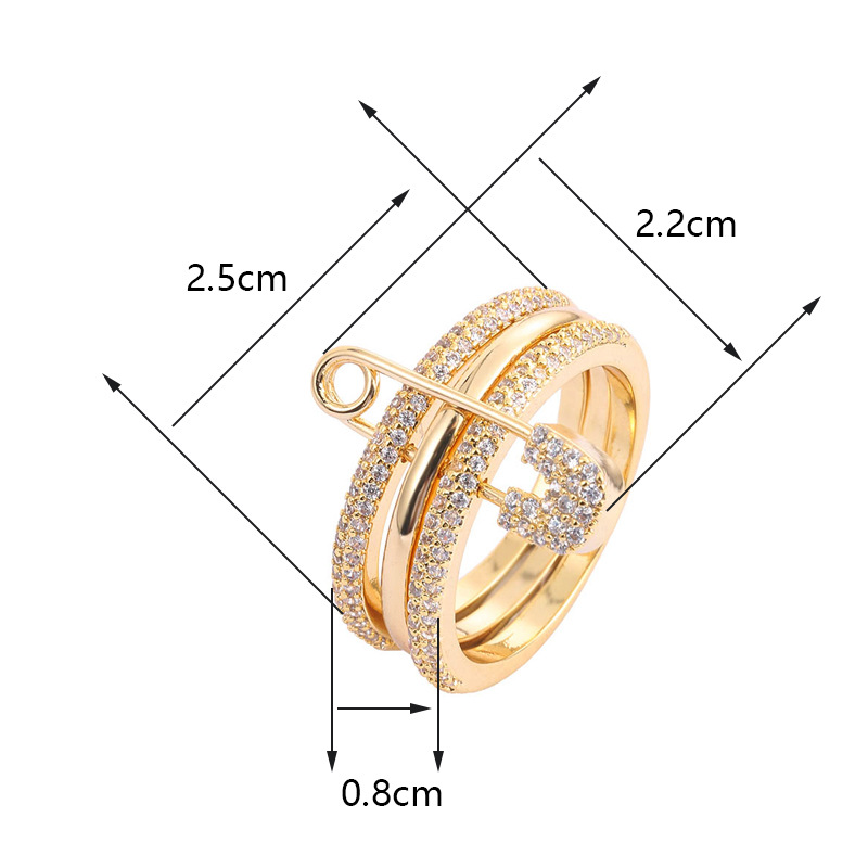 Designer Jewellery High Quality Non Tarnish Triple Connector Cubic Zirconia Safety Pin Ring for Women Men Textured Unisex Jewelry Gift Wedding Anniver
