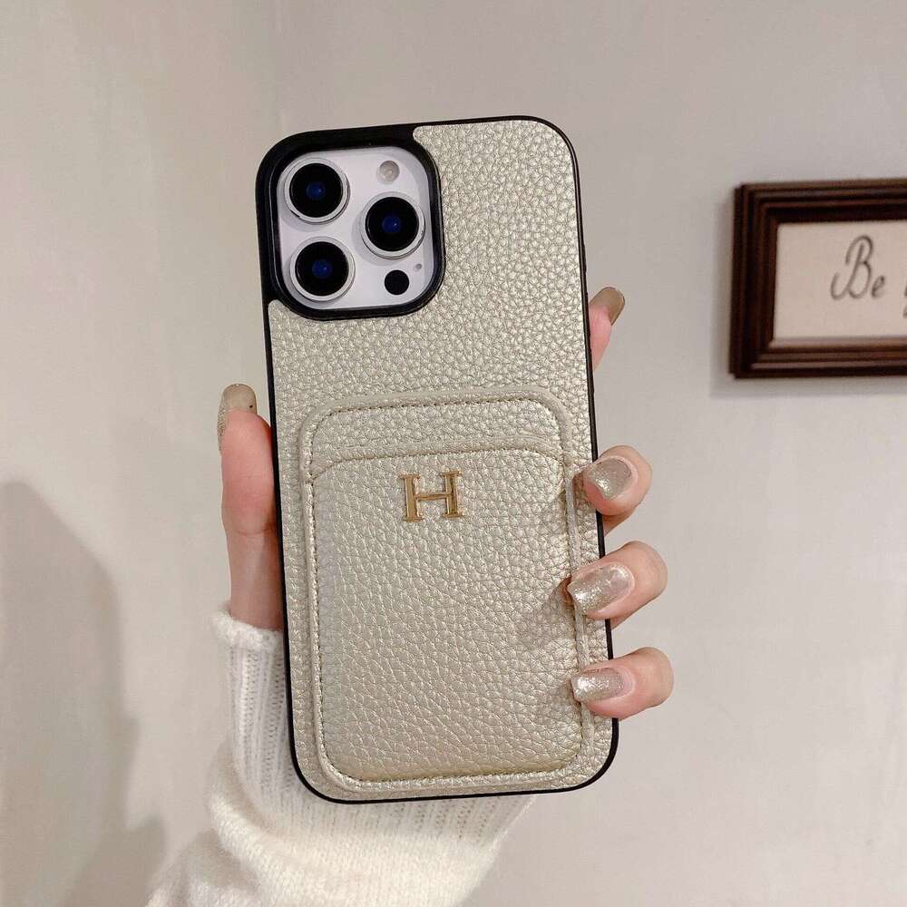 iPhone 17 Pro Lychee Texture Leather Card Slot Apple 16/13 Trendy Brand Phone Case