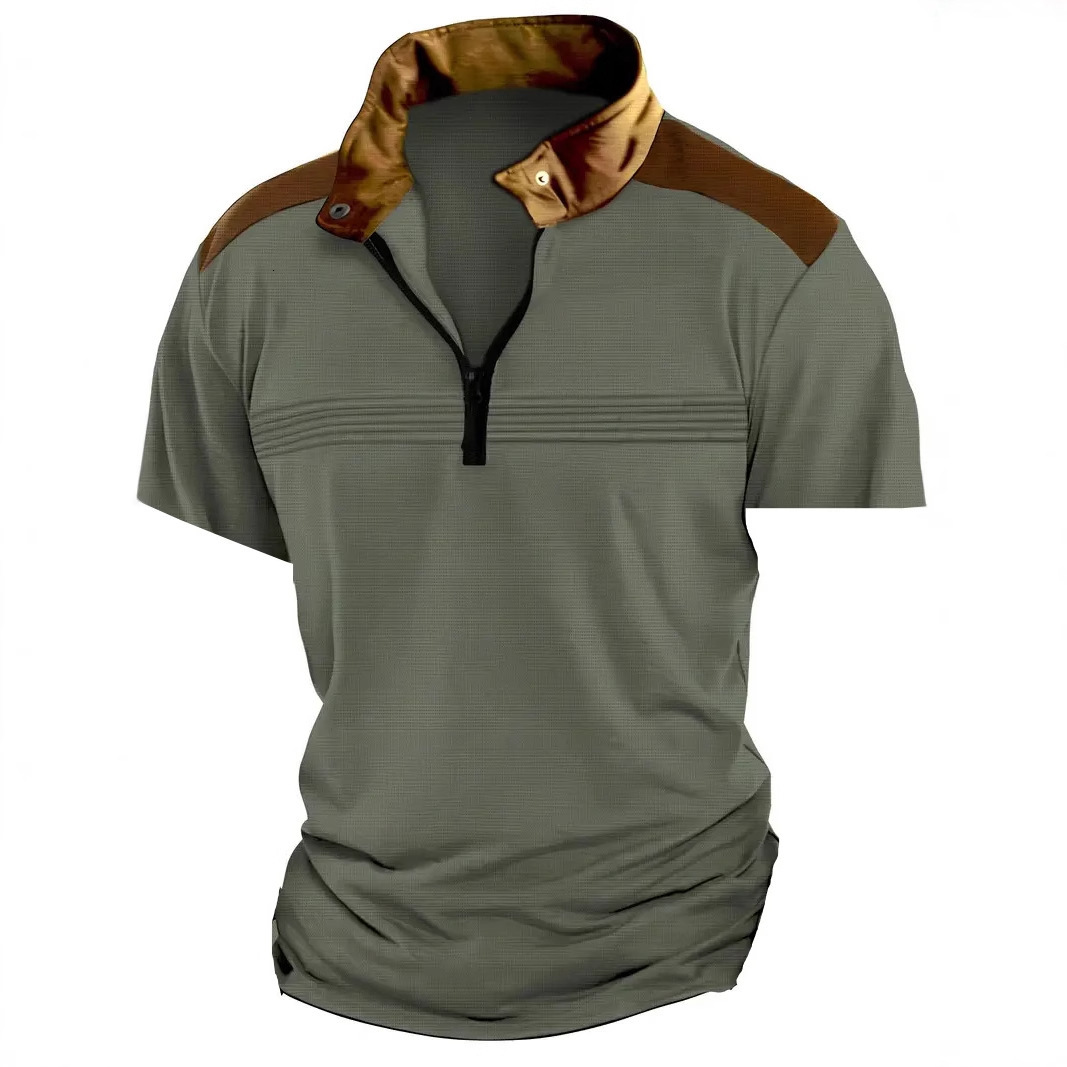 New spliced chest fold mens polo shirt with zipper and short sleeved sports polo shirt