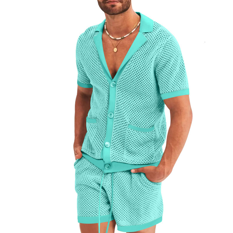2025 New Short sleeved Shorts Men with Hole Fabric Casual Collar Thin Style Set for Men's Summer