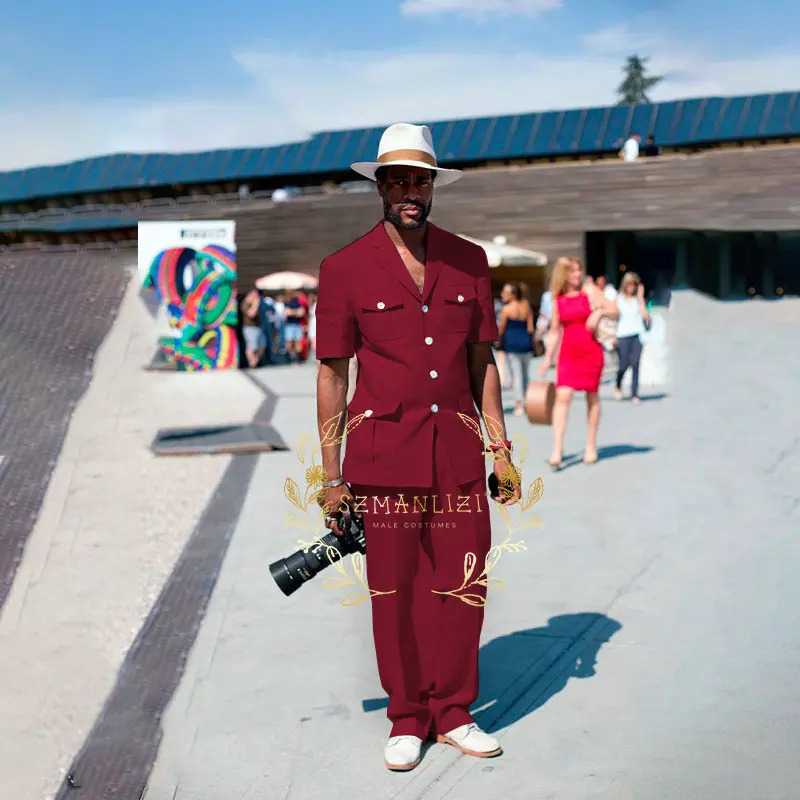 Fashion 2piece sky blue linen summer mens wedding dress suitable for grooms evening gown casual beach short sleeved suit jacket pants 250414