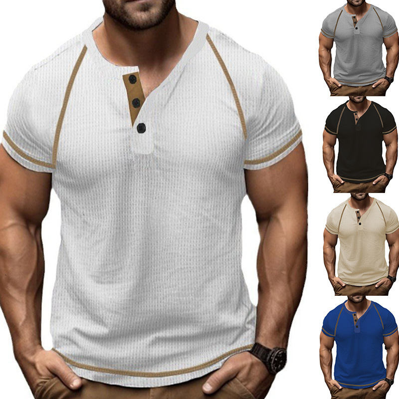 2025 Waffle Henley Solid color Shoulder Insert Summer Short sleeved Men's T-shirt