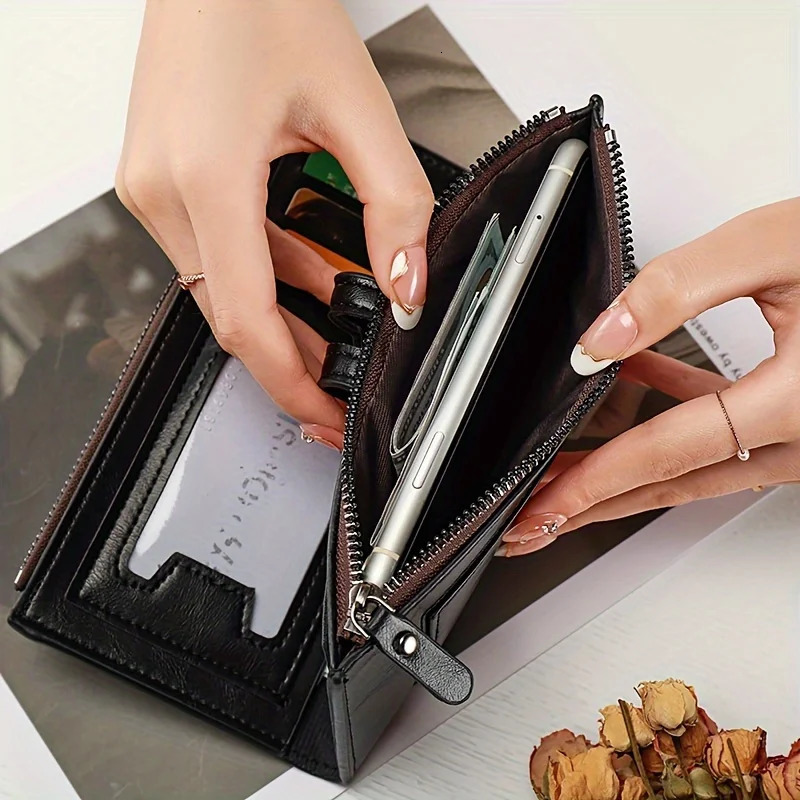 Solid color PU long wallet dual zipper and magnetic buckle lightweight coin wallet smallest retro style wallet 250410