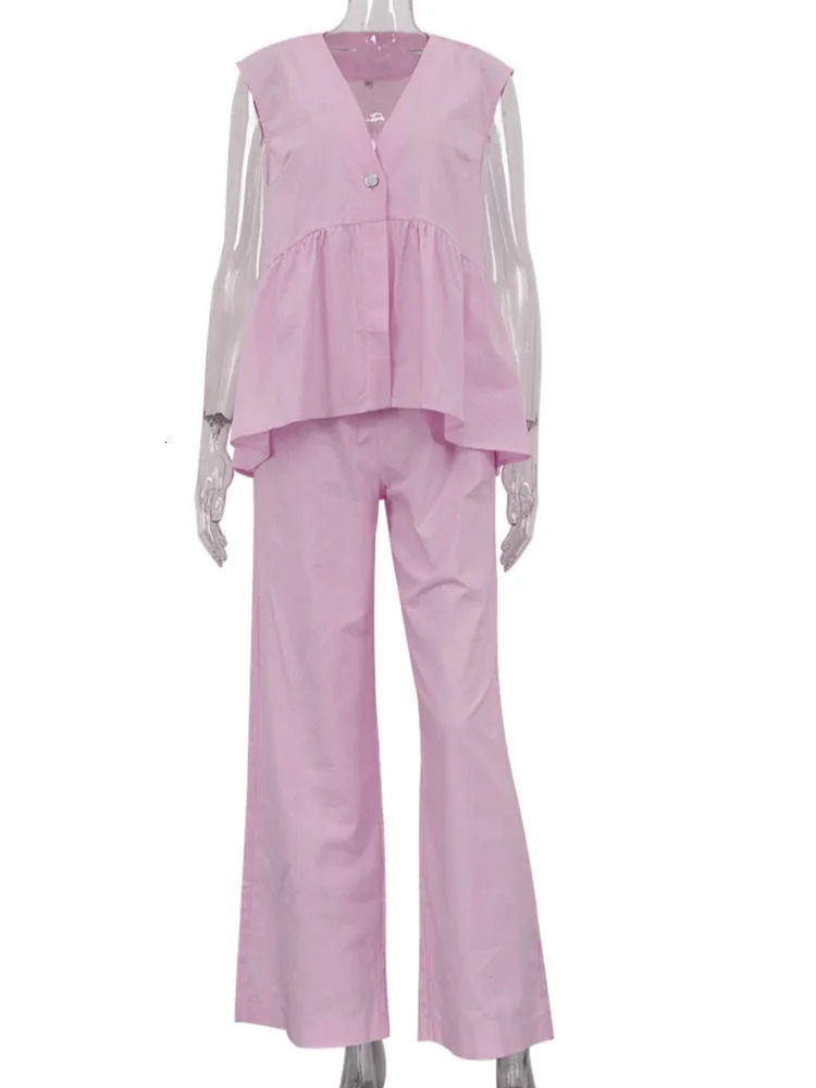 Loose pink cotton linen 2-piece womens summer special outfit sleeveless vest with high waist wide pants set 250415