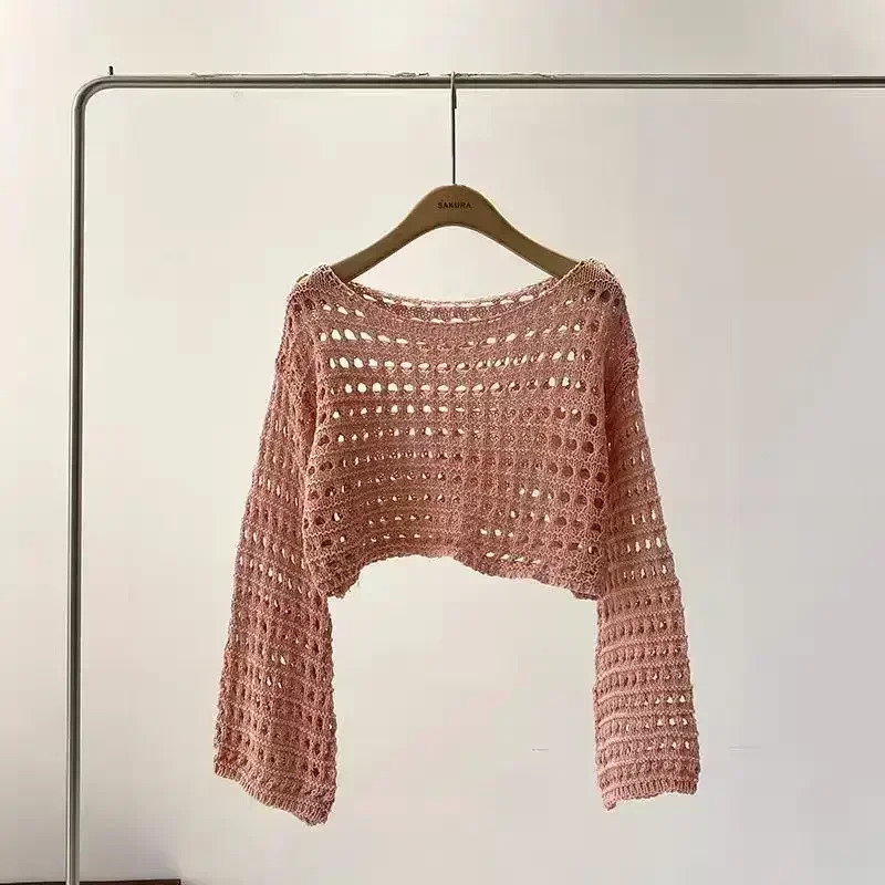 2024 Y2K long sleeved crochet knitted top summer beach bikini cover crop latte wool shirt womens vacation bohemian set 250407