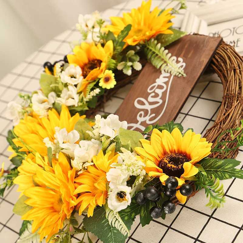 YeeNanee Spring Artificial Sunflower Wreath for Front Door Green Eucalyptus Wreaths with Welcome Sign Wall Window Outdoor DecorM251115