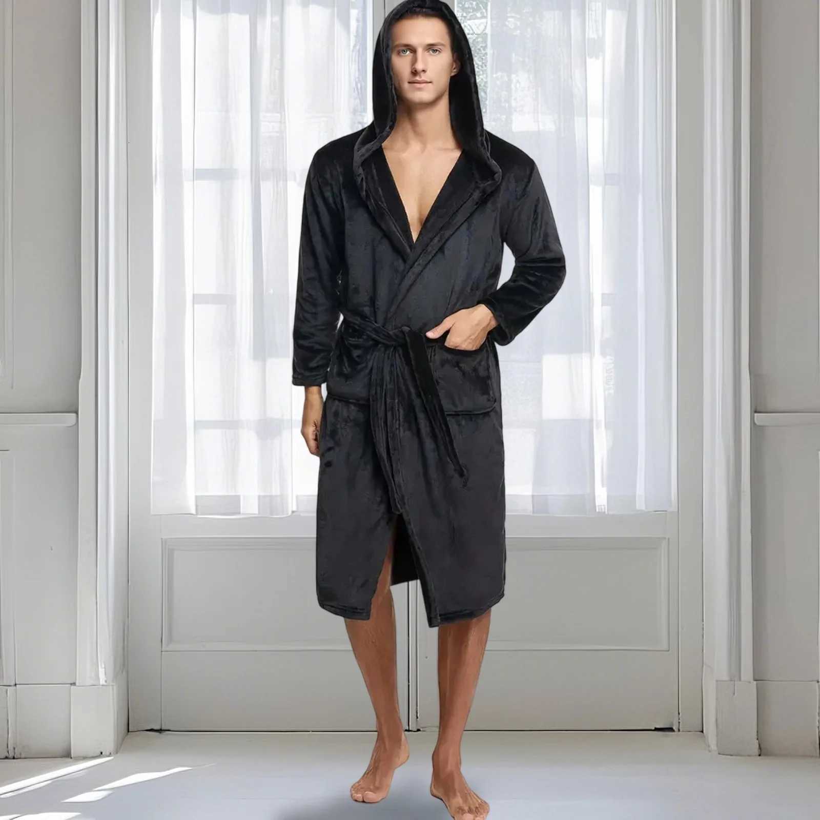Mens Plush Fleece Hooded Robe Soft Warm Long Bathrobe with Pockets Cozy Spa Shower Robe C251115