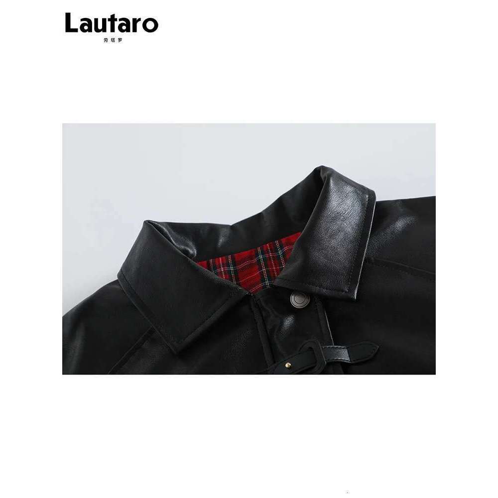 Designer Clothes Lautaro-Plaid Patchwork Pu Leather Jacket For Women, Oversized, Soft, Reversible, Long Sleeve, Designer Clothing, Spring
