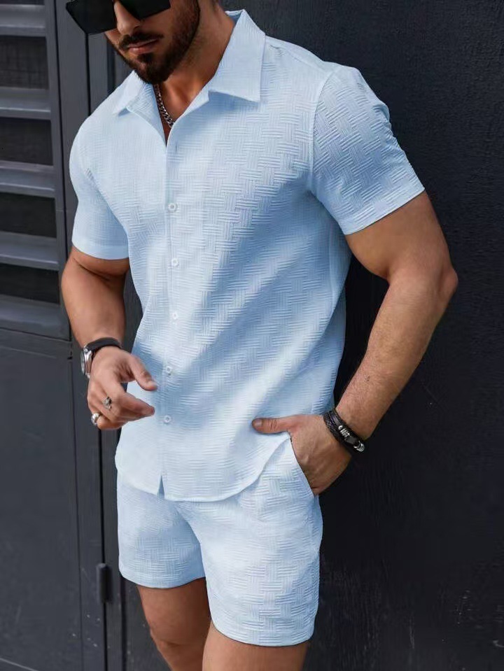 2025 Fashion New Mens Short sleeved Shirt Shorts Sports and Leisure Beach Two piece Set