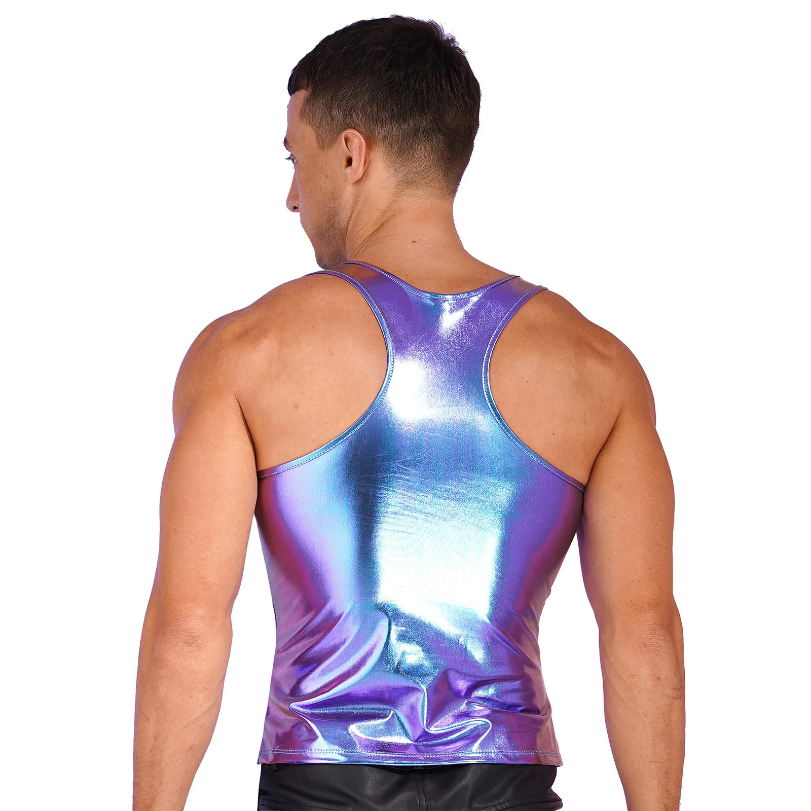 Shiny metal vest mens sports fitness tank fashion top sleeveless Tshirt single piece underwear 250407