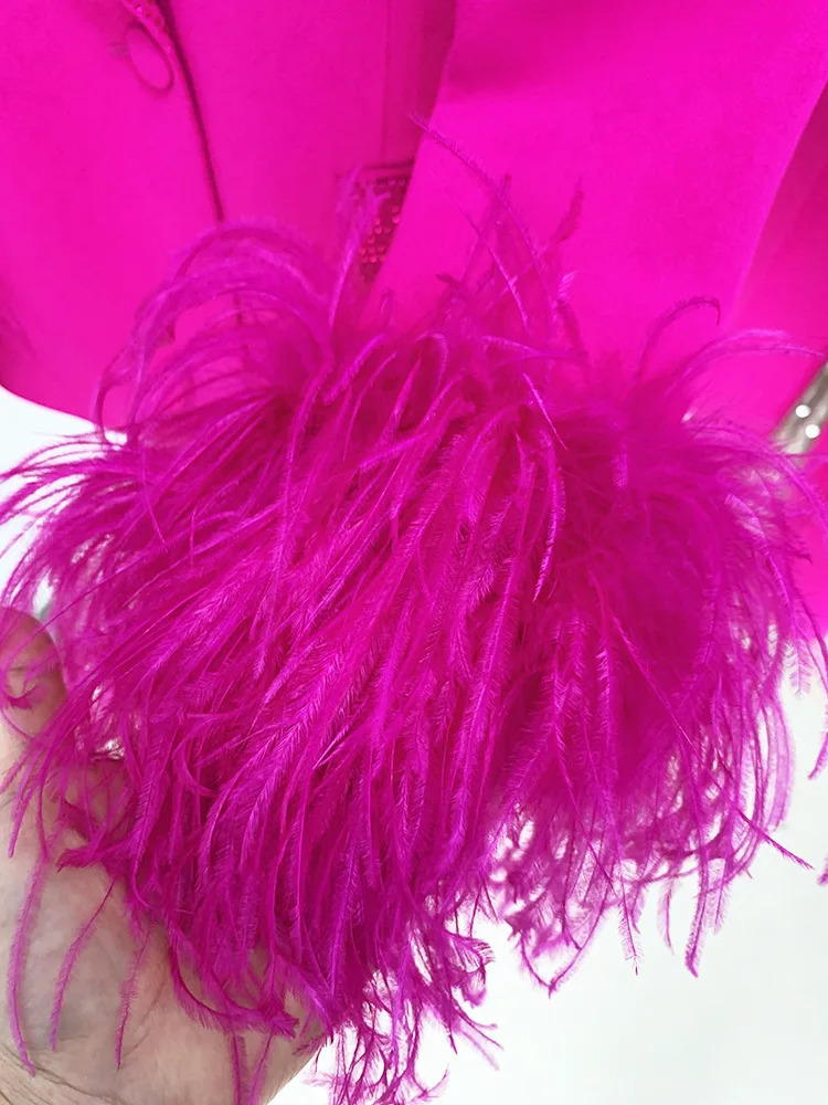 Pink Suits Ostrich Feather Outfits Fashion Feather Embellished Diamond Shawl Collar Jacket Pencil Pants Womens 250410