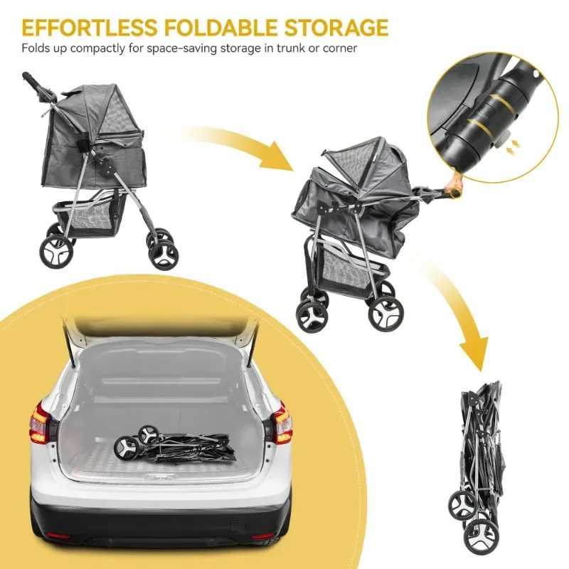4-wheel folding dog cart with storage basket pet cart with 360 degrees? Rotating wheel suitable for small and medium-sized dogs and cats X250415