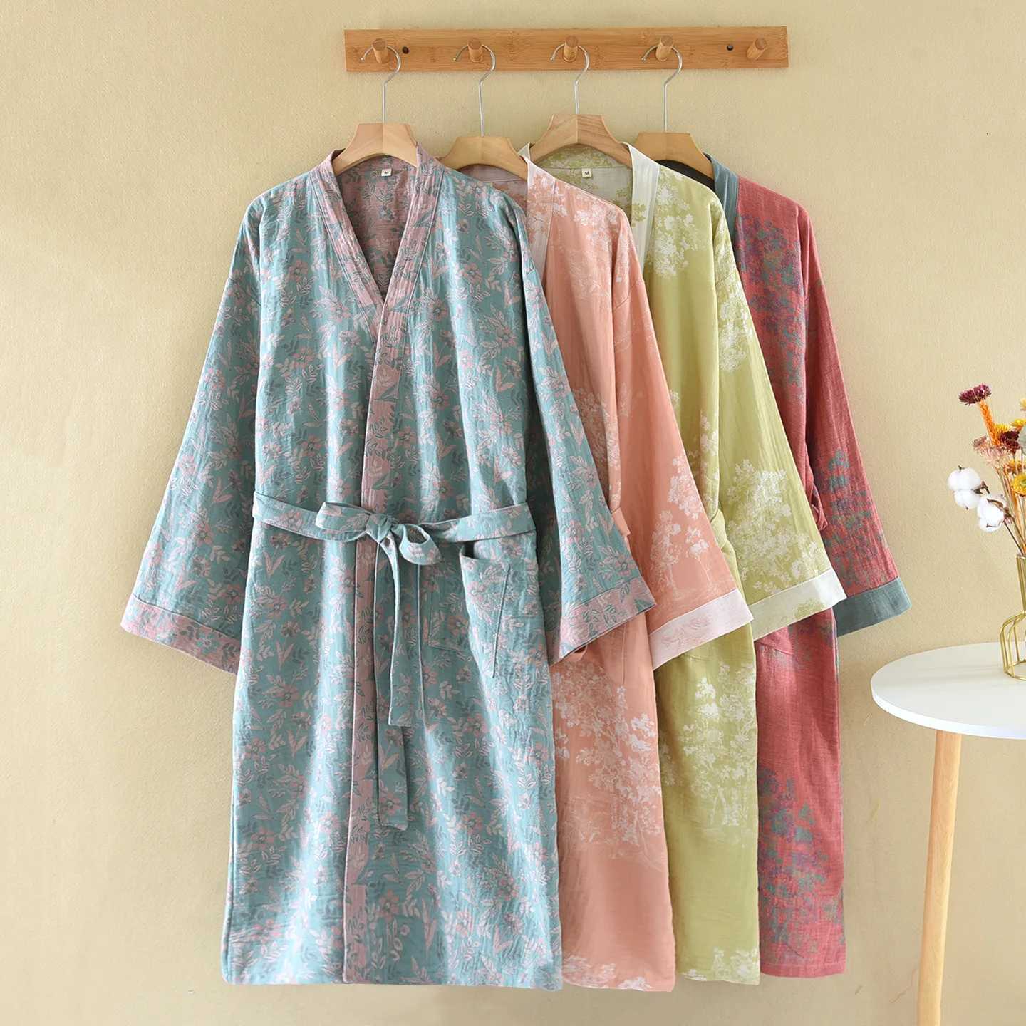 Retro Jacquard Cotton Double-layer Gauze Bathrobe National Style Cardigan Large Size Medium Length Floral Printing Bath Robe C251115