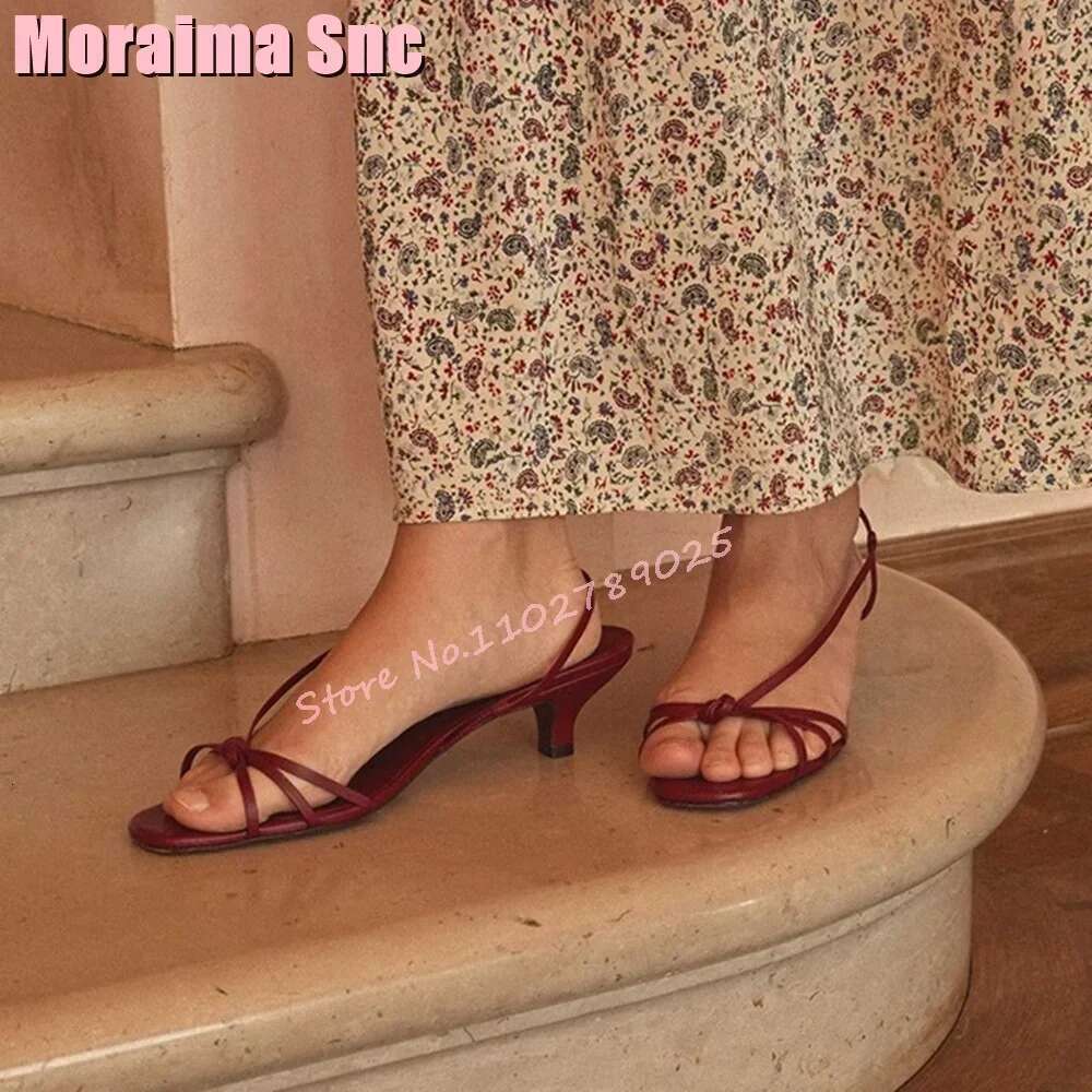 Fashion Concise Narrow Band Sandals Knot Hollow Sexy Kitten Mid Heel Solid Women's Dress Shoes Slip On Summer Banquet 2024 New