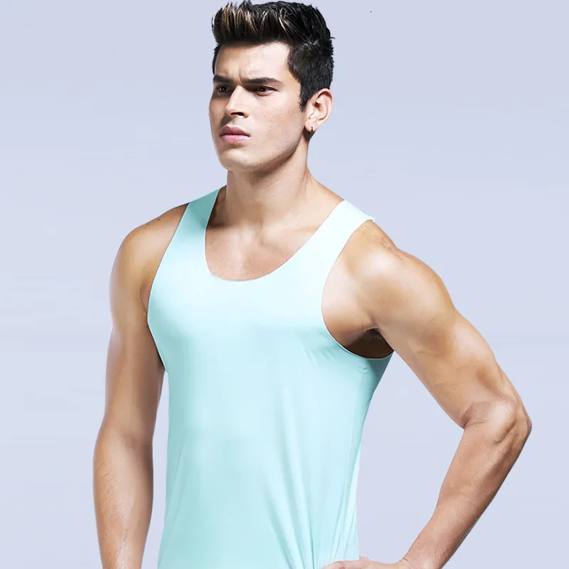 Ice Silk mens solid color vest top sexy Uneck sleeveless seamless youth elastic fitness casual underwear 250407