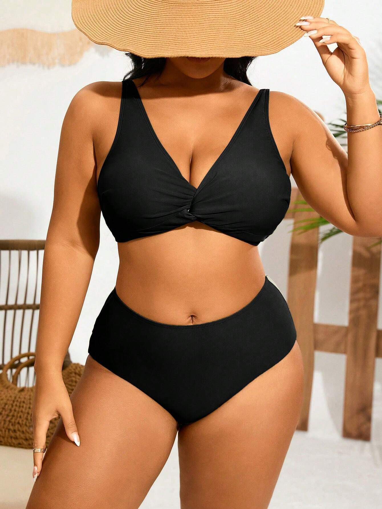 Plus Size Two Piece Swimsuits Women High Waist Bikini Tummy Control Bathing Suits Knot Twist Swimwear