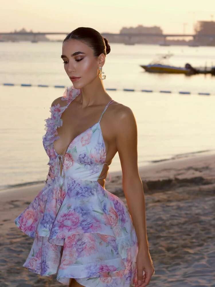 Elegant 3D Wer Splicing Lace Up Women Sg Dress Fashion Backless Sleeveless Print Fold Hem Mini Dresses Lady New Beach Robe