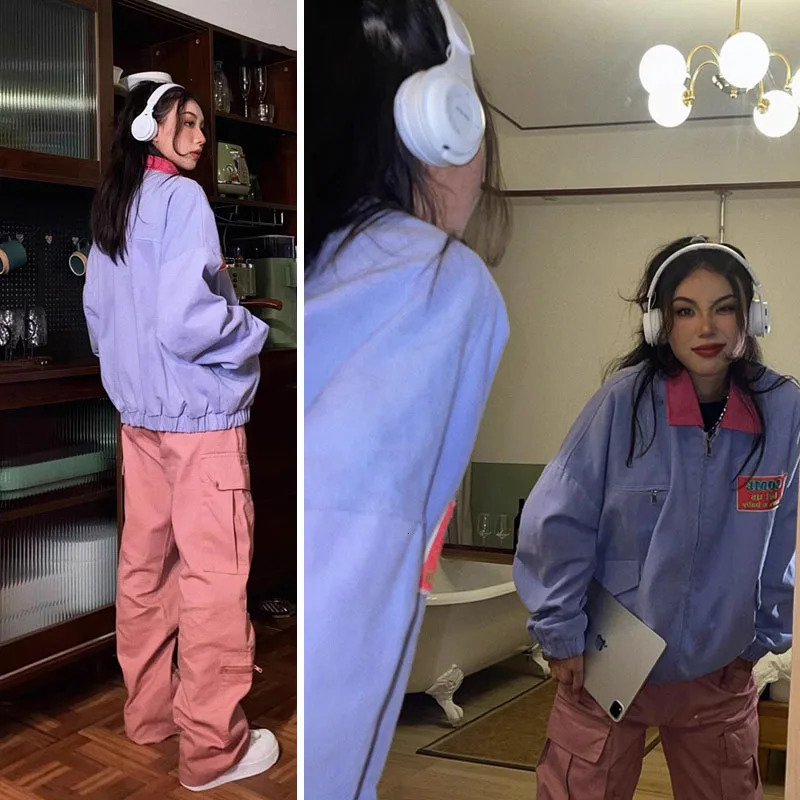 Retro purple spring jacket mens and womens bomber spring autumn loose Harajuku university jacket zipper street unisex hip-hop jacket 250415