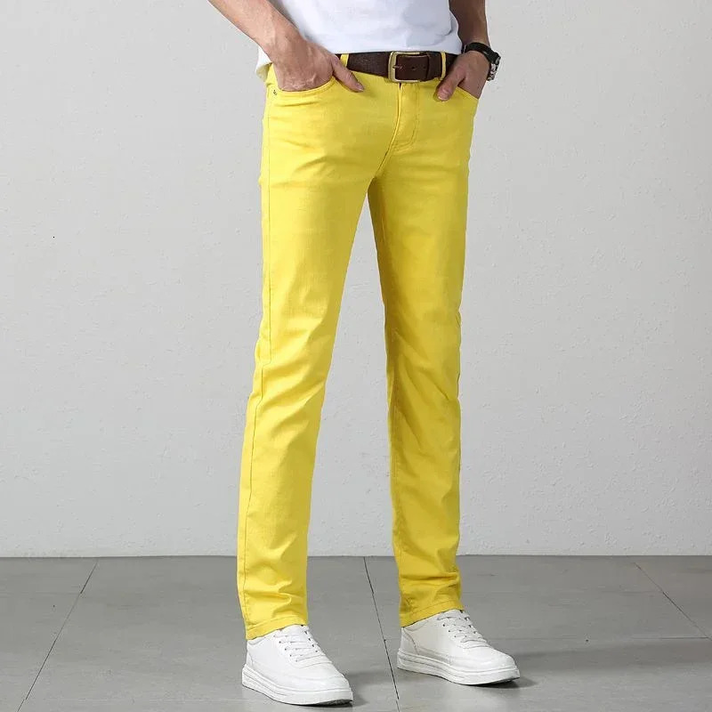 Mens denim pants color pink fashionable business casual classic Trouser mens ultrathin red straight leg 250414Z