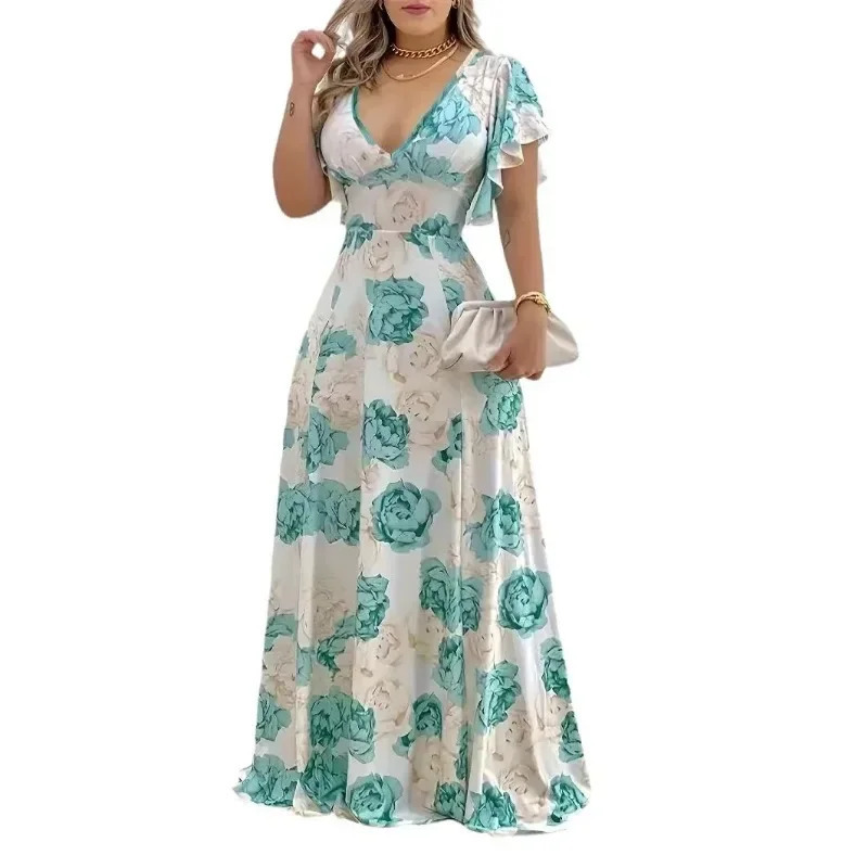 Womens XL5XL Plus size selling Vneck elegant casual printed long skirt big hem suitable for womens clothing 250407