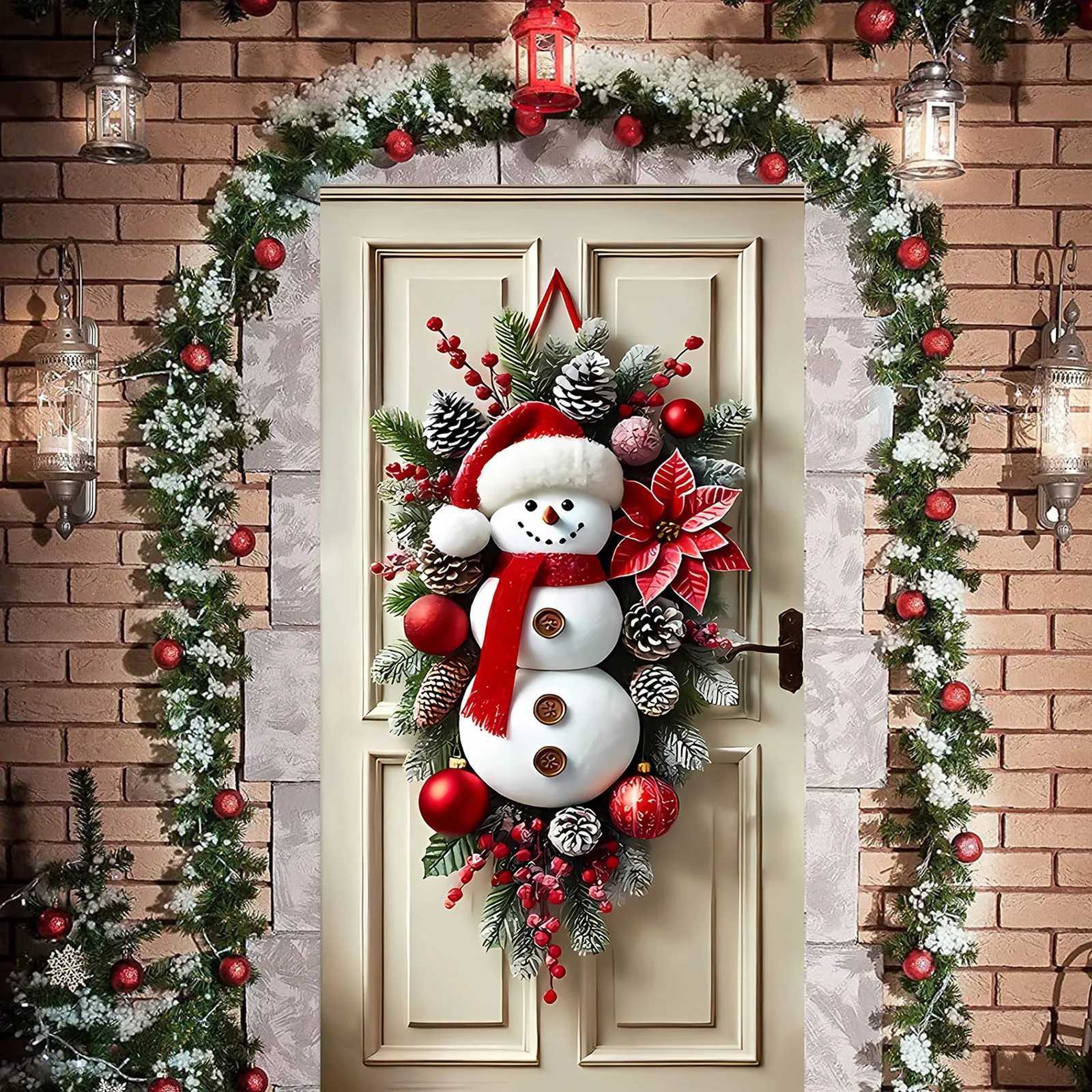 Christmas Snowman Wreath with Scarf Snowman Wreath Wall Hanging Winter Snowman Xmas Wreath for Holiday Home DecorationM251115