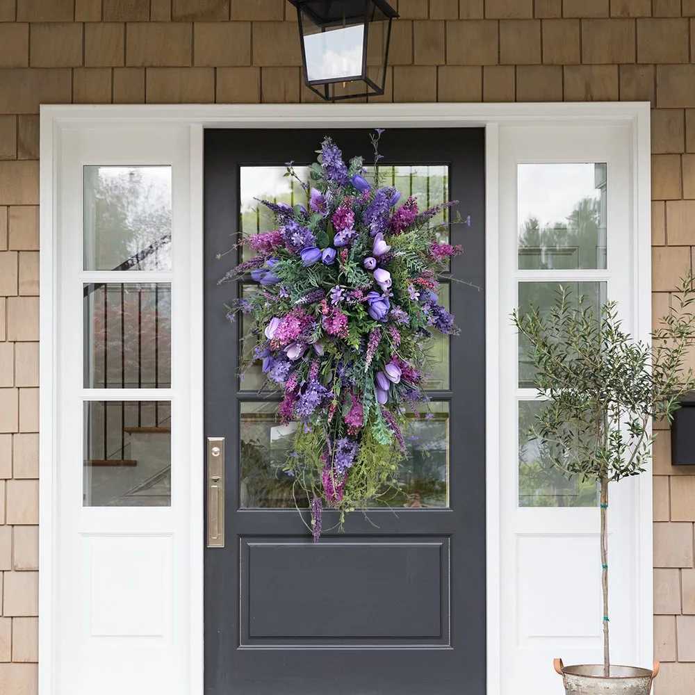 Spring Purple Tulip Wreath Summer Artificial Flower Lavender Garland Home Decoration for Wedding Entrance Garden Front DoorM251115