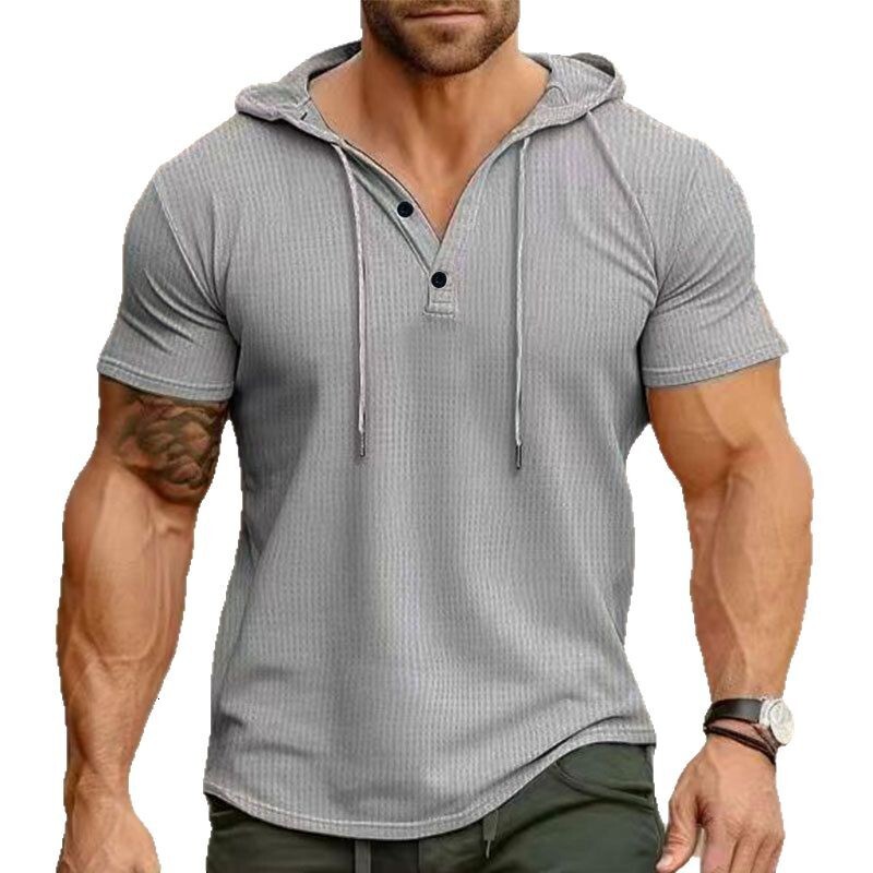 2025 New Summer Short sleeved T-shirt Men's Hoodie Top American Henley Shirt