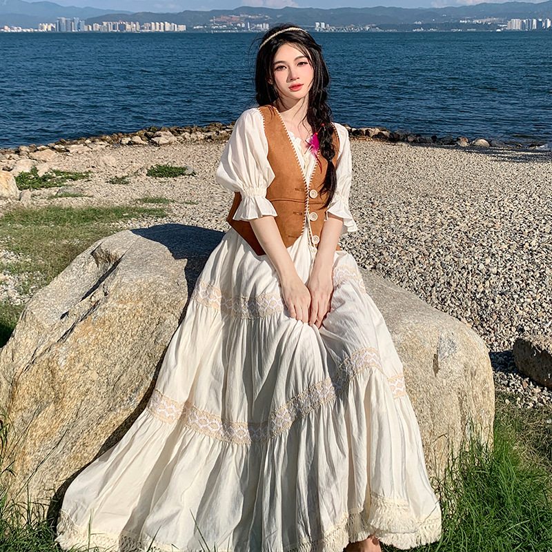 G125 Retro cotton and linen stitching lace multi-layer dress summer mid-sleeve travel vacation long skirt