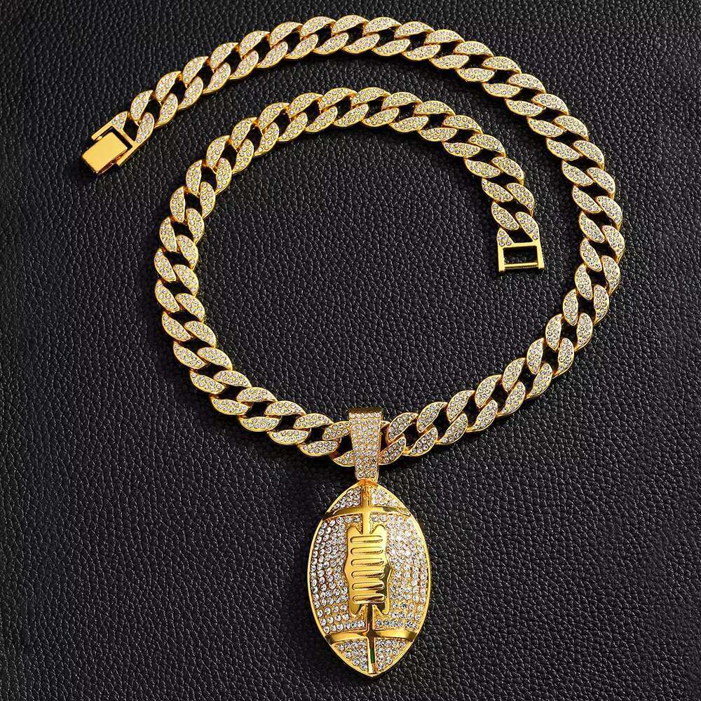 DHcollections Men's Hip Hop 15mm Miami Chain With Alloy And Rhie Dias Rugby Pendant Necklace