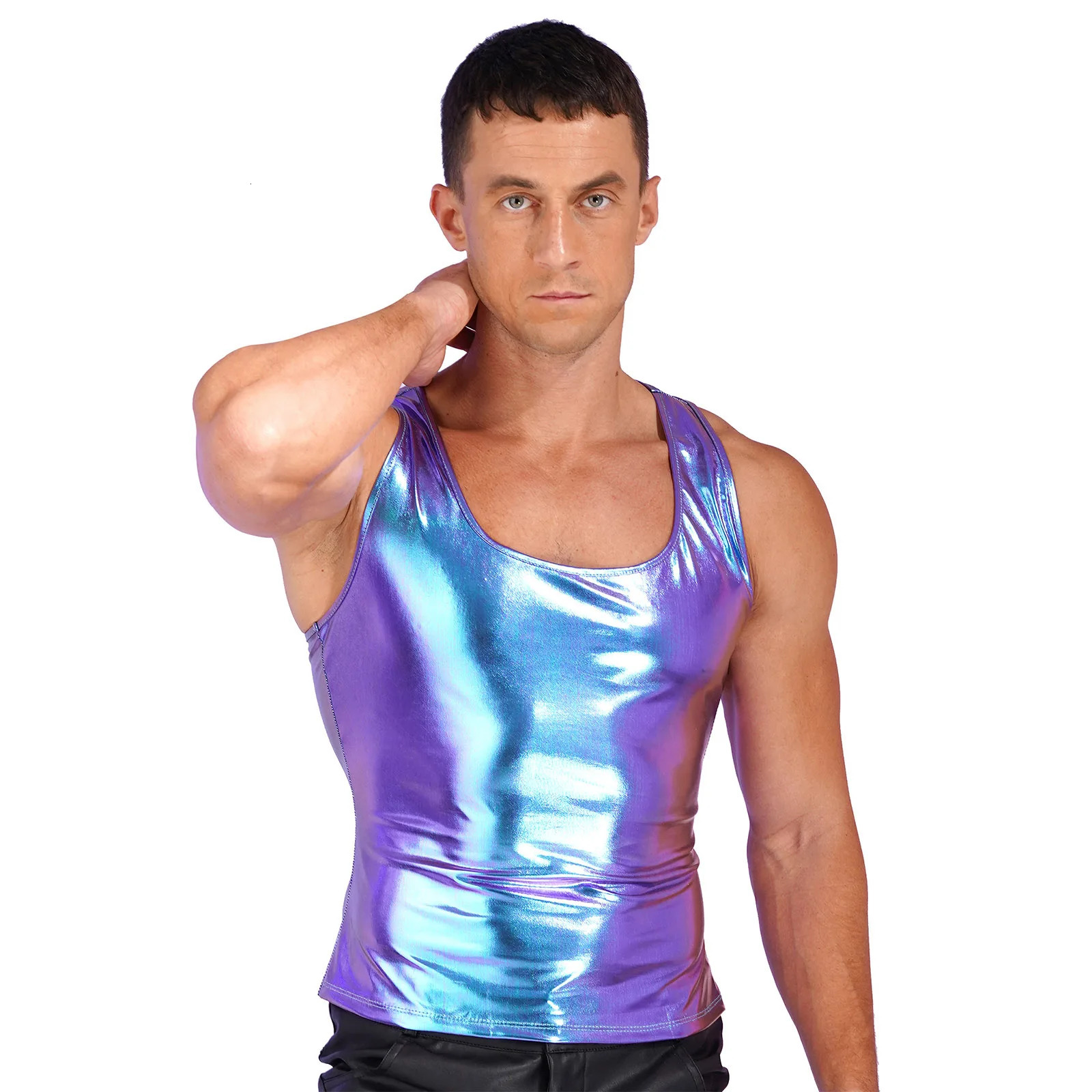 Shiny metal vest mens sports fitness tank fashion top sleeveless Tshirt single piece underwear 250407