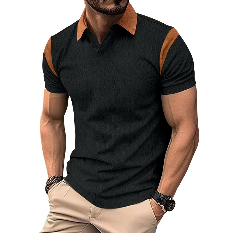 2025 summer new slim fit polo waffle jacquard color blocked lapel men's short sleeved shirt